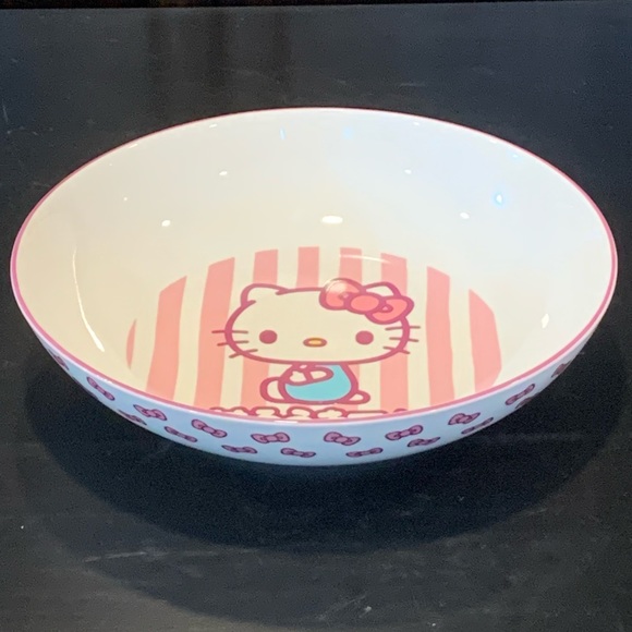 Hello Kitty 46oz Ceramic Dinner Bowl Pink & White Stripes with Japanese Letters - Picture 4 of 9